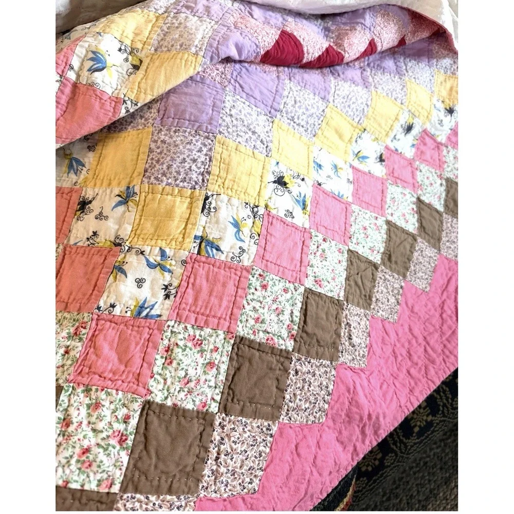 Vintage 1890's Four Patch / Diamonds Antique Quilt ~Gorgeous Early Fabrics!